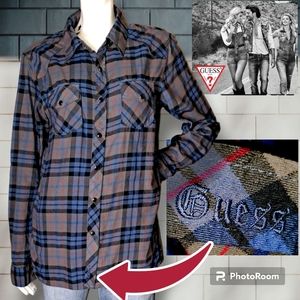 GUESS Tartan Grey Blue Black Plaid Snap Down Shirt Western Style Blouse Sz Large